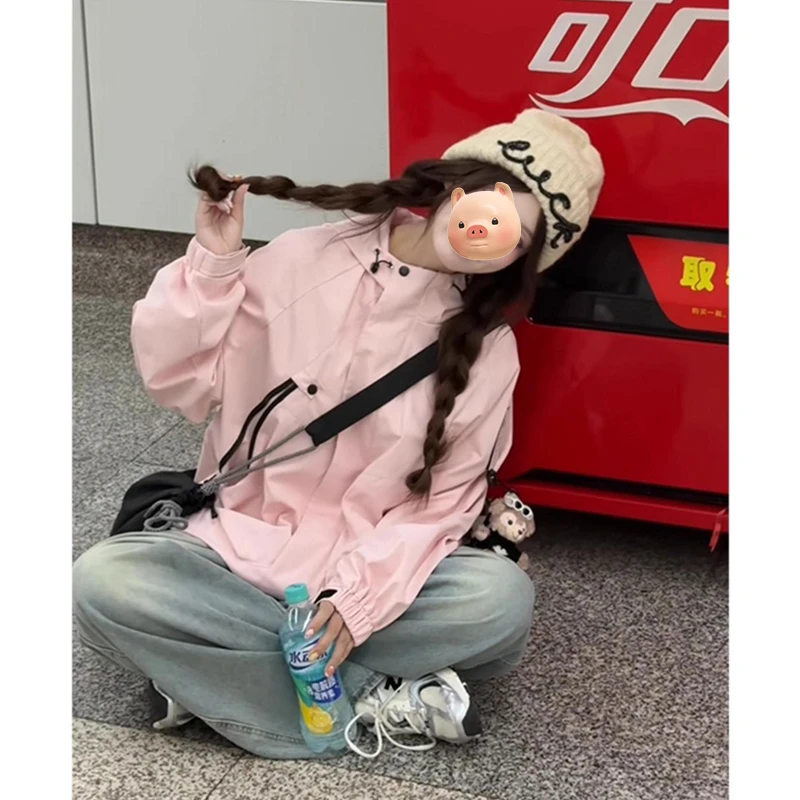 美式机能风冲锋衣女2025早秋新款防风夹克户外登山服外套粉色上衣