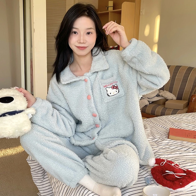 珊瑚绒睡衣女春秋冬季保暖加厚套装半边绒家居服网红爆款可爱猫咪