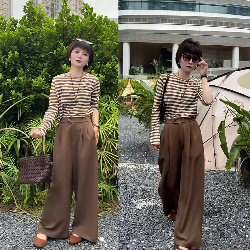 2025超火两件套女装时尚条纹长袖上衣休闲裤小个子百搭减龄套装