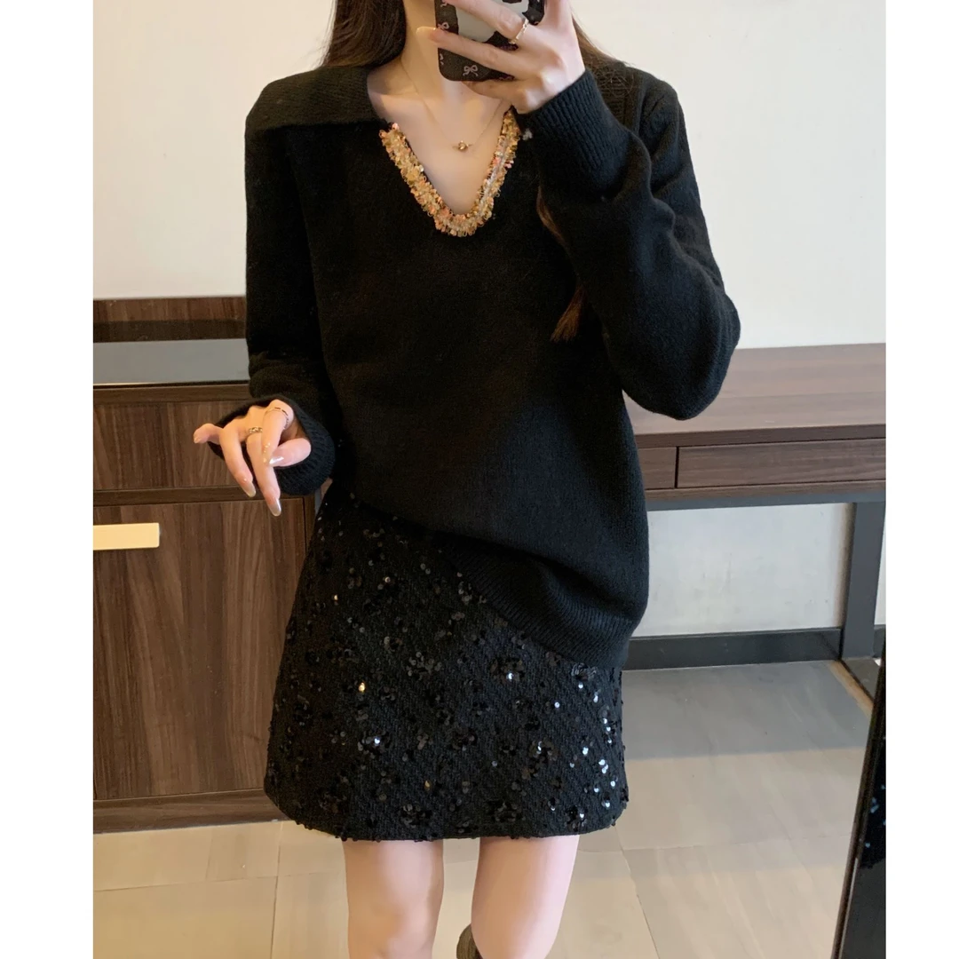 大码女装秋季搭配一整套胖mm显瘦高级感轻奢黑色毛衣亮闪闪套装裙