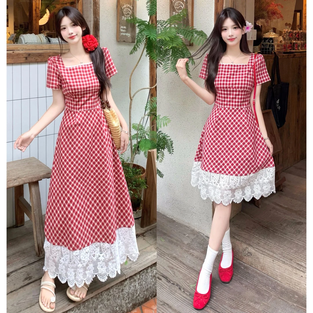 长短款~大码红格绮梦法式格子连衣裙女夏季新款蕾丝拼接收腰A字裙