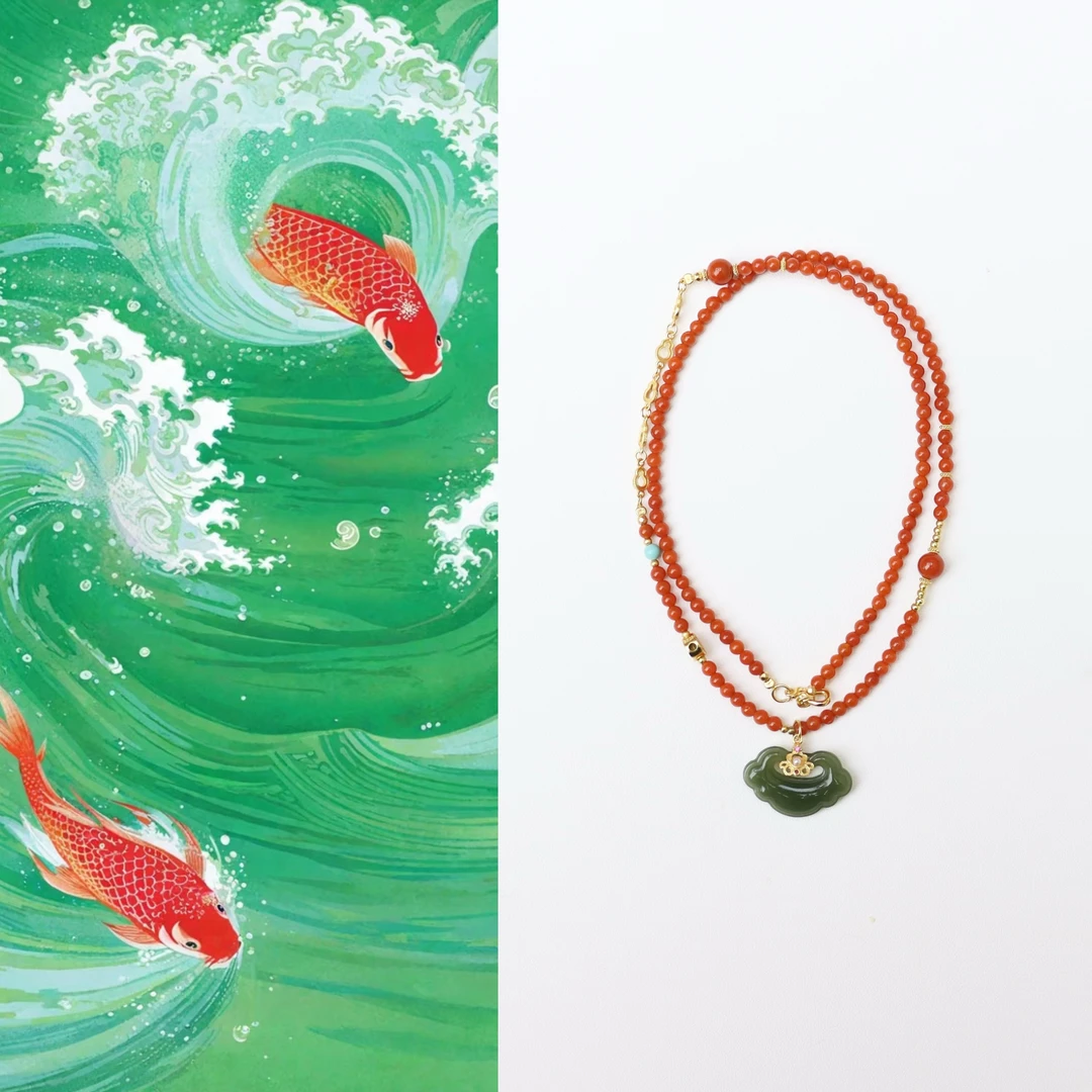 【戏水】天然南红玛瑙如意锁女款吊坠颈饰3mm