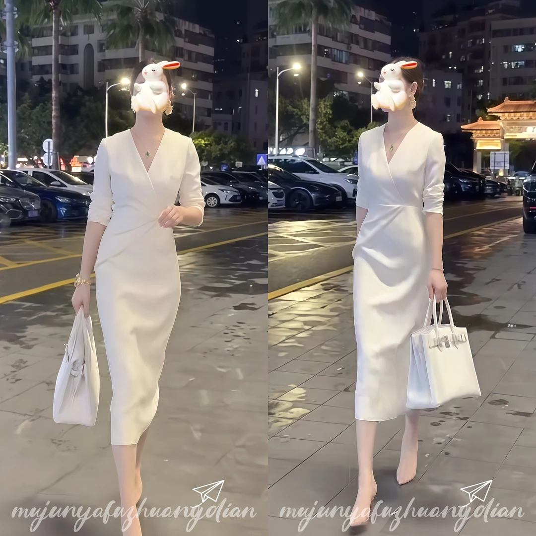 V领收腰气质款连衣裙女冬季新款时尚韩版洋气显瘦网红同款长裙子