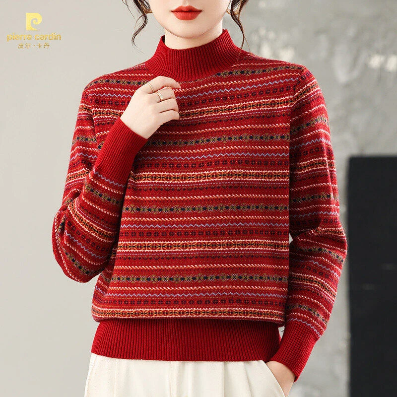 皮尔卡丹秋冬女士流行时尚针织衫宽松条纹半高领设计感千金风保暖