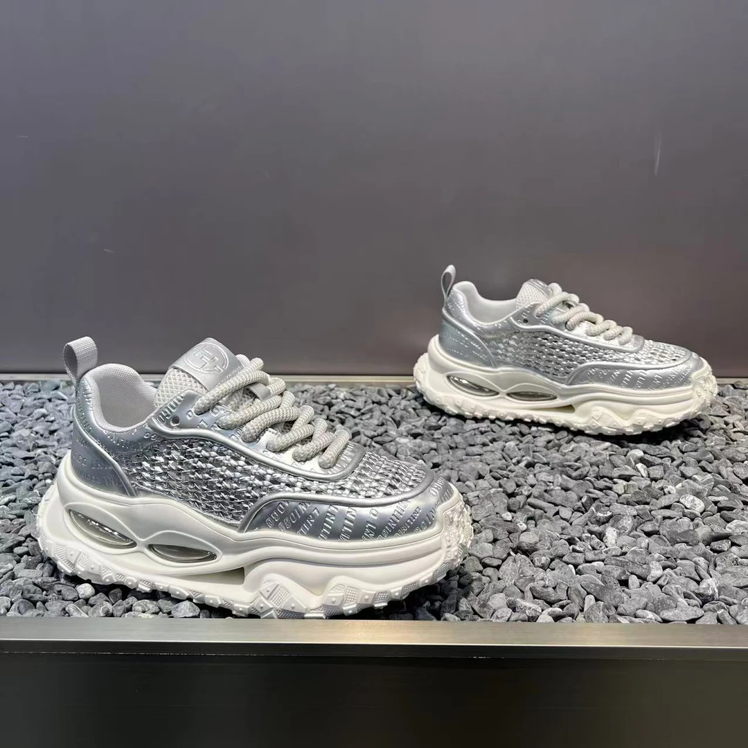 男鞋2025夏季新款舒适软底气垫增高老爹鞋时尚编织网面百搭休闲鞋