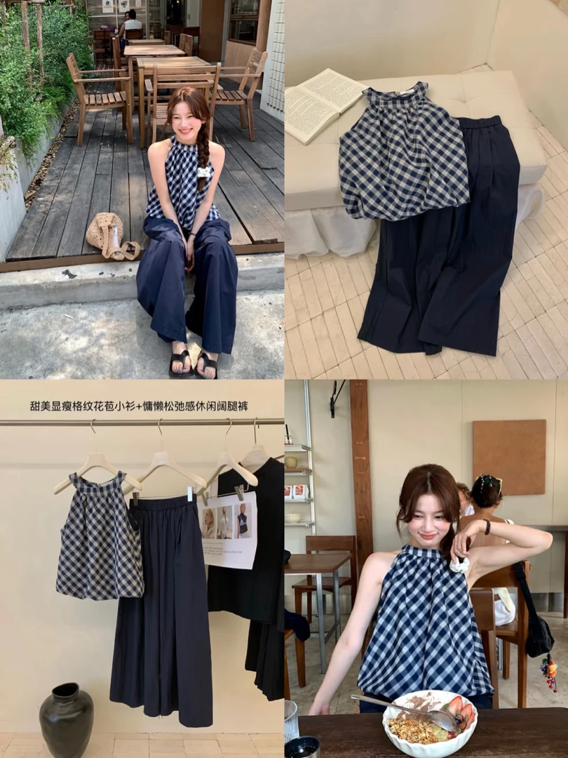 复古蓝白格子蓬蓬挂脖圆领无袖上衣显瘦百搭背心女夏阔腿裤套装