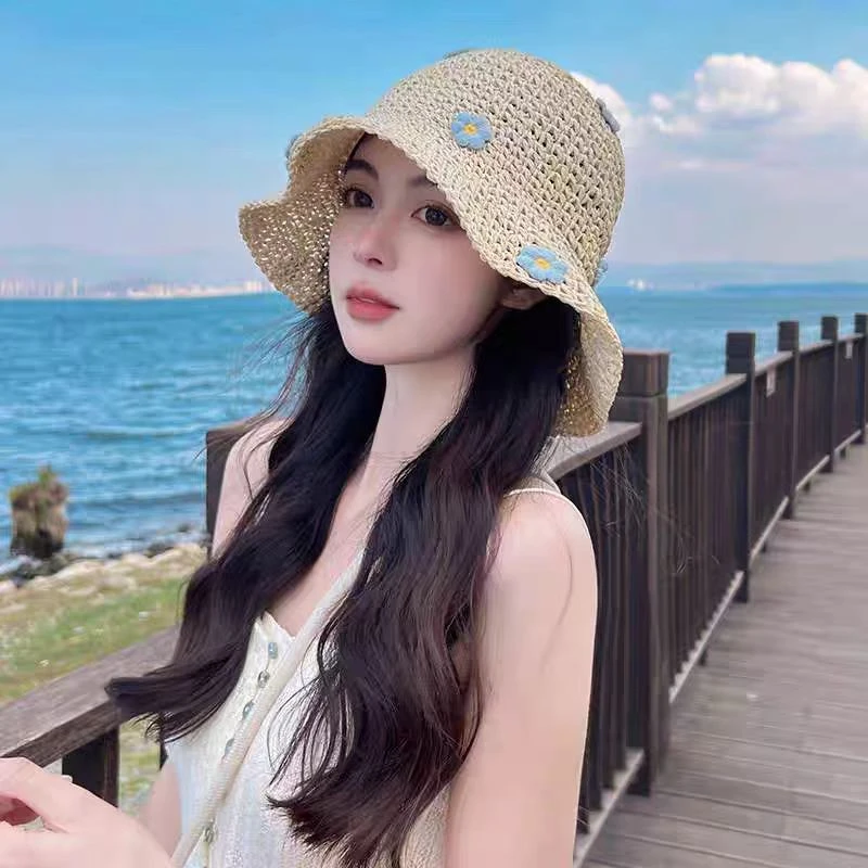 蓝色花朵草编渔夫帽女夏遮阳防晒水桶帽海边度假小清新显脸小草帽