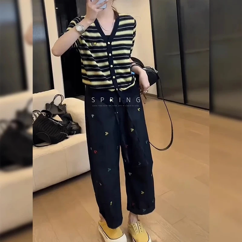 爱心刺绣松紧腰休闲裤女夏季薄款大码宽松显瘦抽绳九分阔腿直筒裤