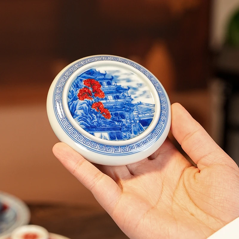 【墨舍名窑】屹朴青花釉里红亭台楼阁圆饼盖置 yipu559陶瓷纯手工