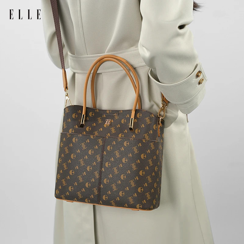 ELLE25新款老花系列大容量手提包托特精致斜挎包46795
