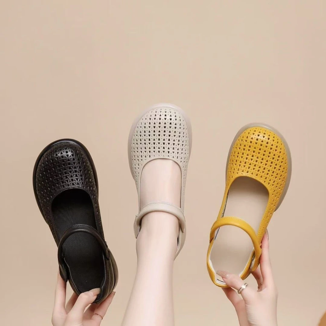 【头层牛皮】夏季真皮镂空纯色洞洞鞋妈妈鞋软底女鞋玛丽珍休闲凉鞋