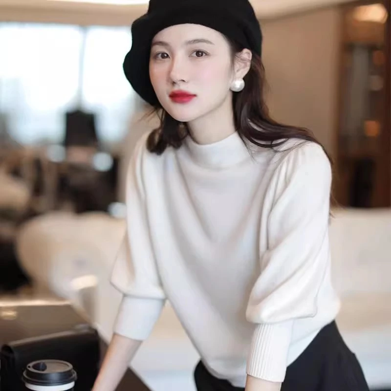 白色软糯半高领毛衣女春秋新款设计感小众泡泡袖打底衫内搭针织衫