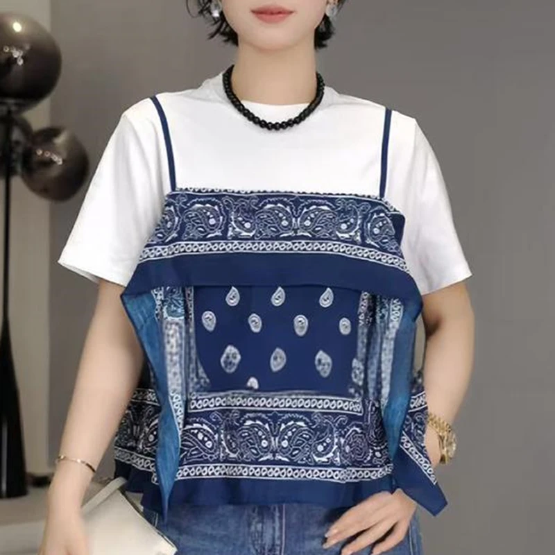 韩版圆领拼接吊带丝巾假两件短袖T恤女士2025夏季小众设计感上衣