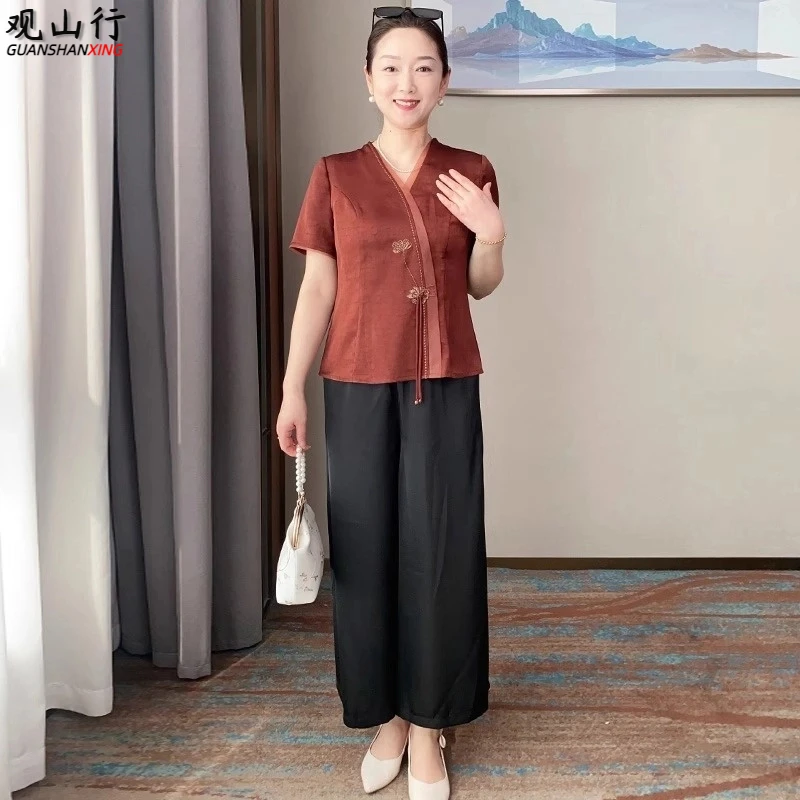 洋气妈妈新中式短袖小衫套装夏季新款中年女装气质上衣裤子两件套