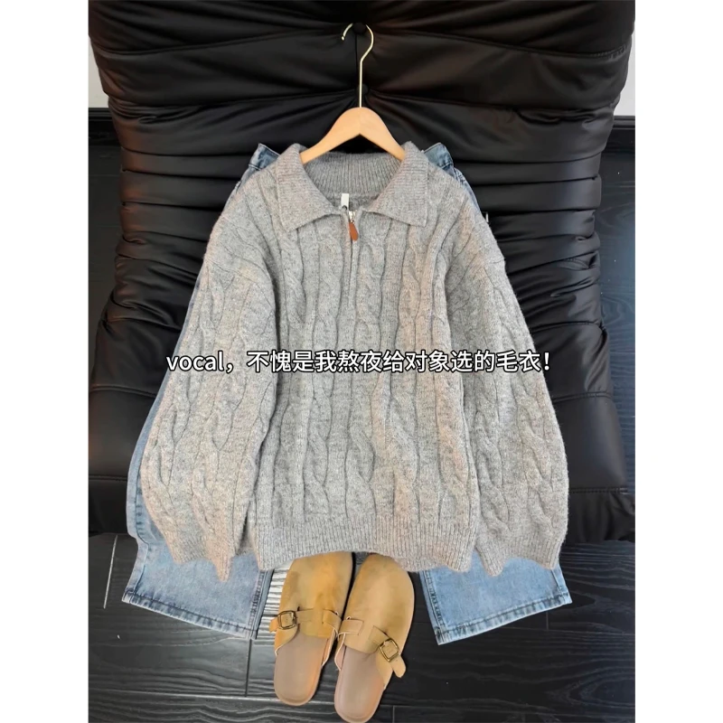 美式半拉链麻花毛衣男款冬季慵懒高级感polo领针织衫内搭打底上衣