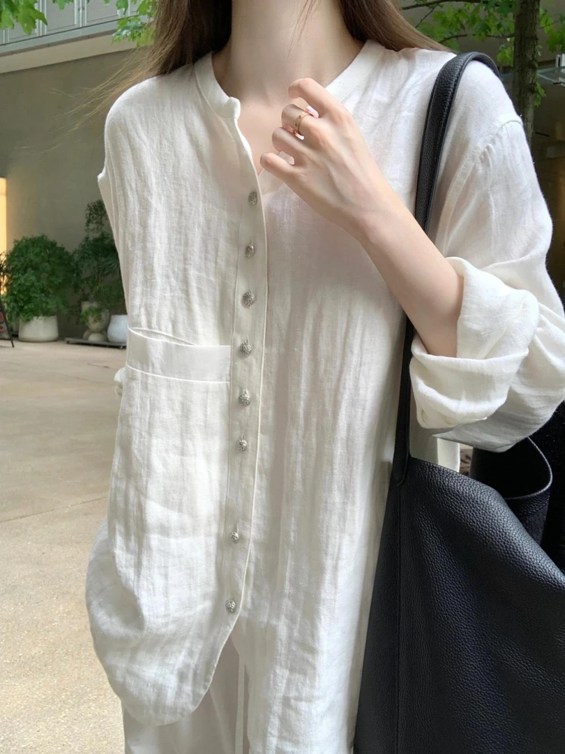慵懒风天丝棉麻防晒长袖衬衫女薄款夏季凉爽透气白色小衫上衣