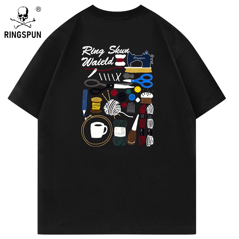 RINGSPUN【缝纫机】重磅万针刺绣潮牌T恤 圆领潮流T恤男女同款