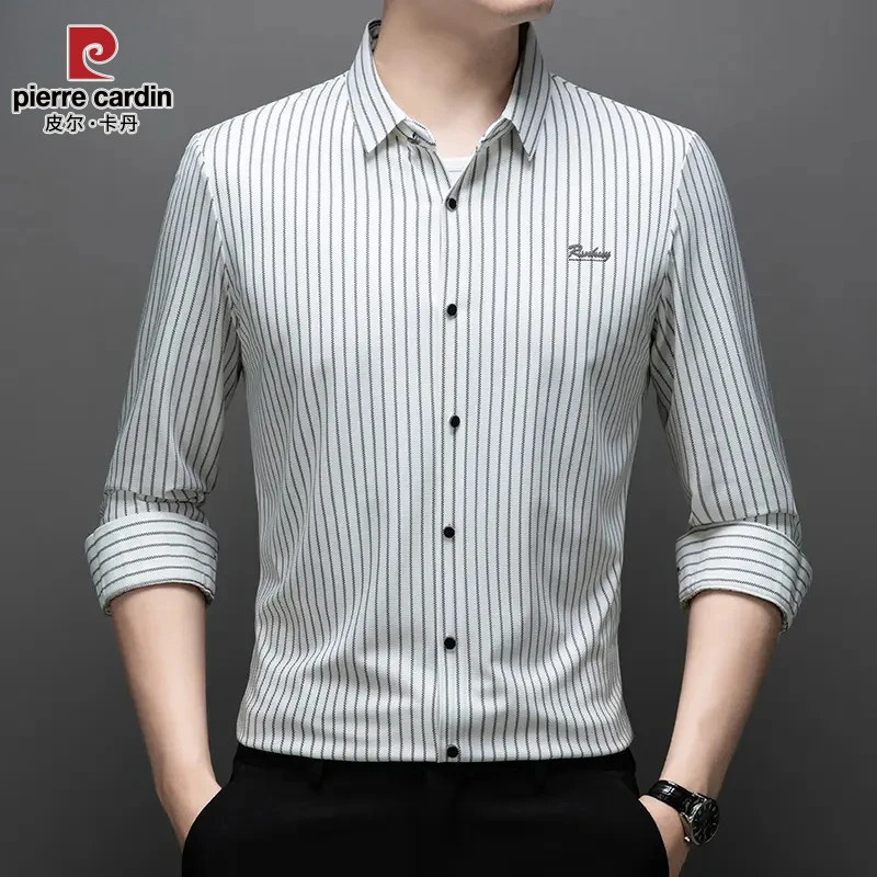 皮尔卡丹秋季无痕长袖衬衫男士商务休闲条纹衬衣免烫抗皱弹力上衣