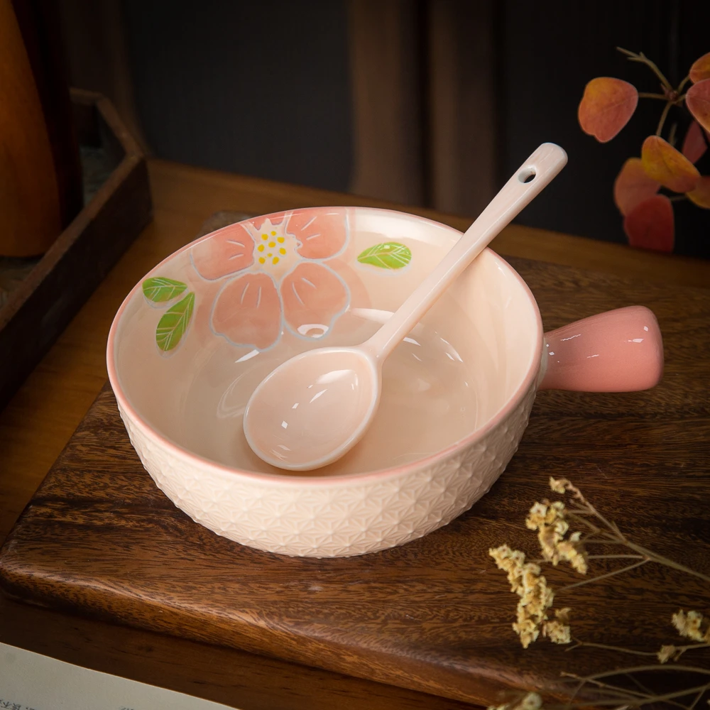 花影系列清新大气高颜值家用陶瓷餐具浮雕手柄碗早餐碗加长柄勺子