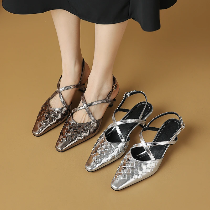 5.5cm新款时尚编织交叉带真皮高跟凉鞋细跟小方头后空中跟单鞋