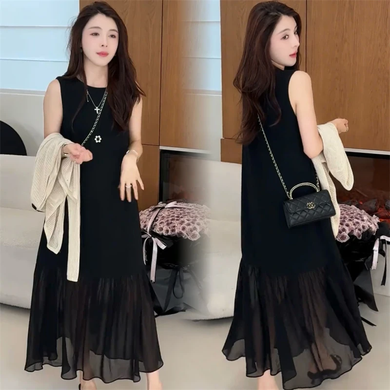 赫本风黑色无袖背心连衣裙女欧货宽松显瘦网纱长裙2025夏季新款潮
