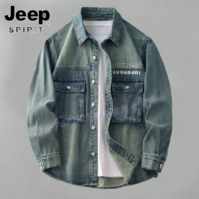 Jeep吉普美式高级感复古长袖牛仔衬衫男春秋潮牌痞街宽松衬衣外套