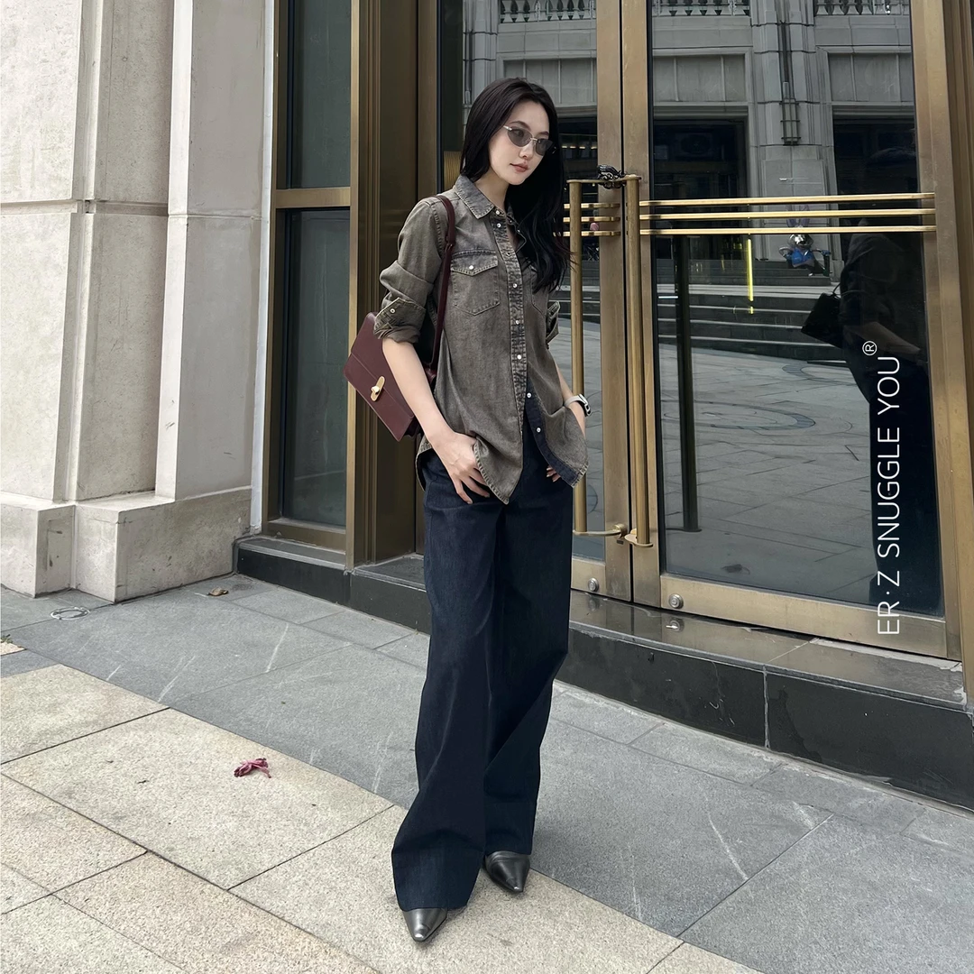 ERZ墨小墨|春季阔腿直筒蓝色牛仔裤简约复古宽松休闲裤4328-82556