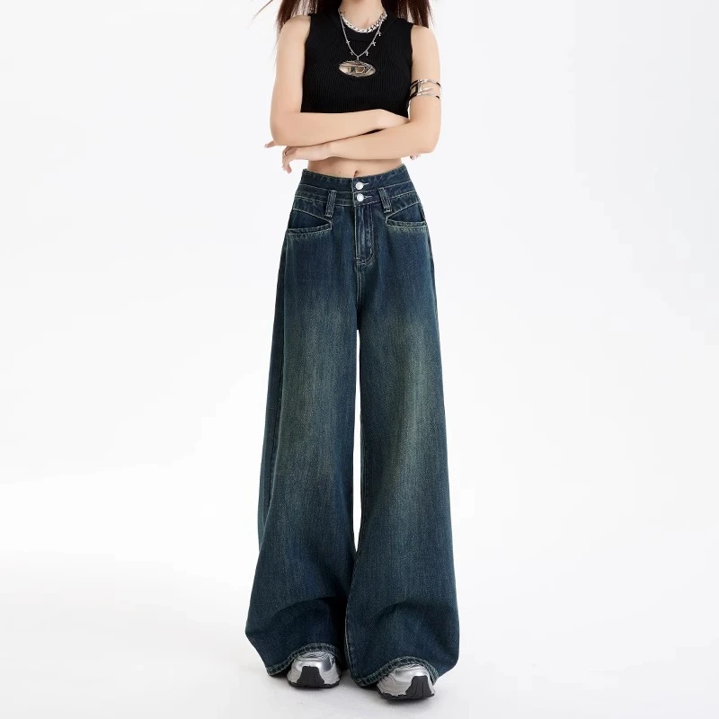 复古蓝阔腿牛仔裤女2025春夏新款小个子显瘦宽松百搭拖地直筒裤子