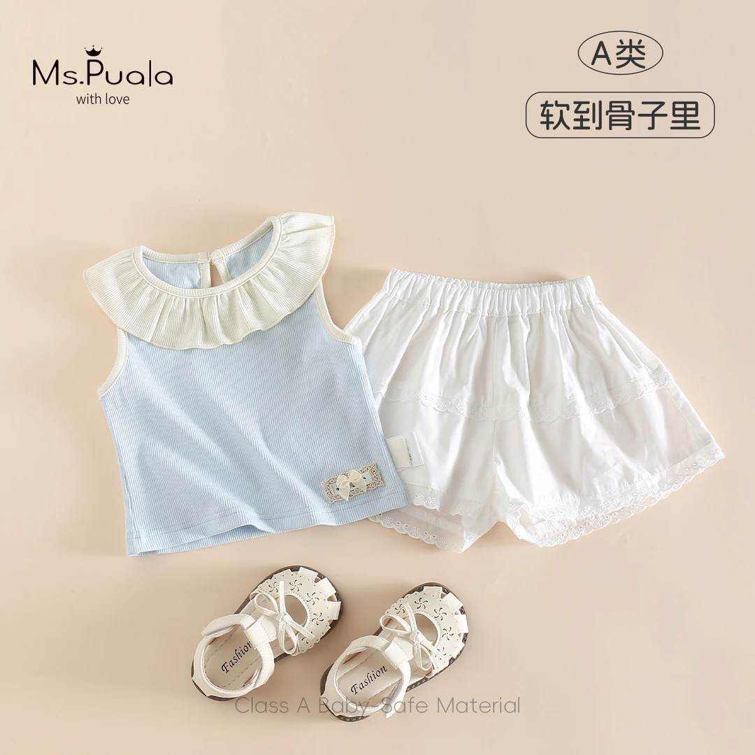 【Ms.Puala蓝与白】童装婴幼童夏季套装女娃娃领无袖上衣短裤两件套
