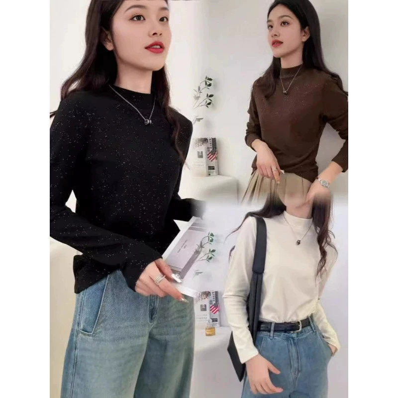 满天星闪闪衣双面磨毛女半高领针织衫冬季时尚保暖内搭上衣打底衫