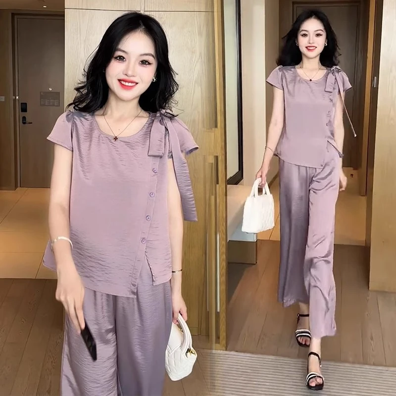 时尚韩系短袖上衣阔腿裤两件套女2025夏季新款气质小个子减龄套装