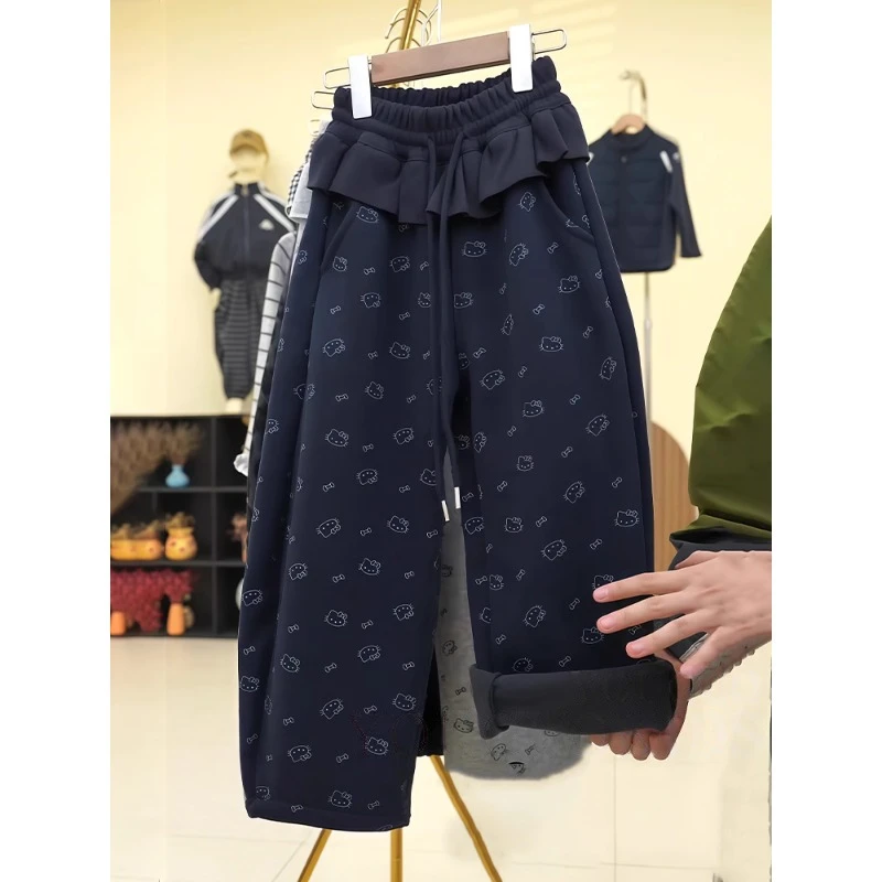 女童加绒裤子秋冬款2025新款洋气儿童加厚弯刀裤冬季一体绒阔腿裤