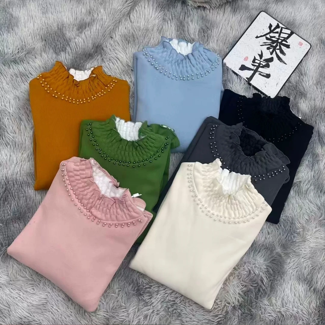 大码法式加绒时尚有弹力女千金风钉珠打底衫高领0536