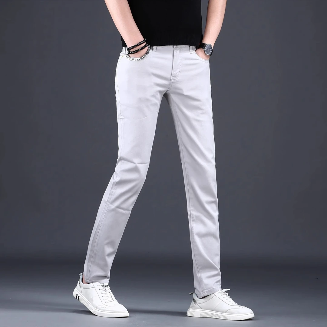 高端时尚男士浅色修身小脚牛仔裤夏季新款潮流休闲百搭薄款长裤