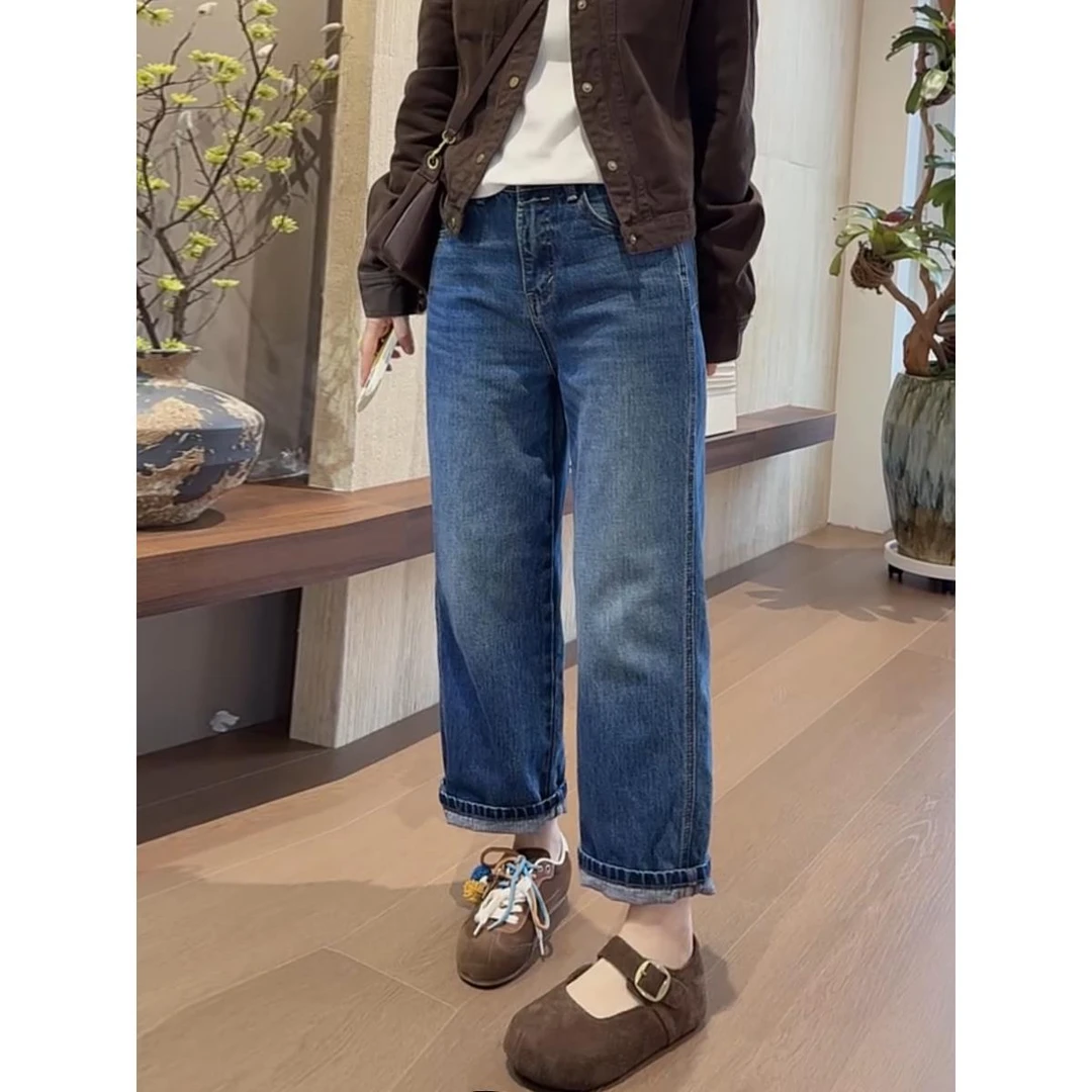 2025秋季新款无弹高腰显瘦直筒牛仔裤女款百搭卷边九分阔腿法棍裤