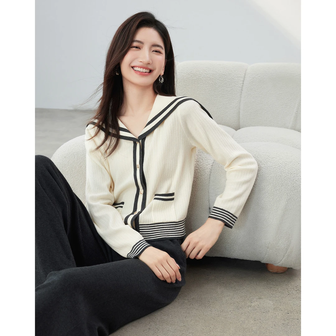 朗文斯汀2025新款千金风女亲肤上衣撞色韩版海军领气质针织开衫