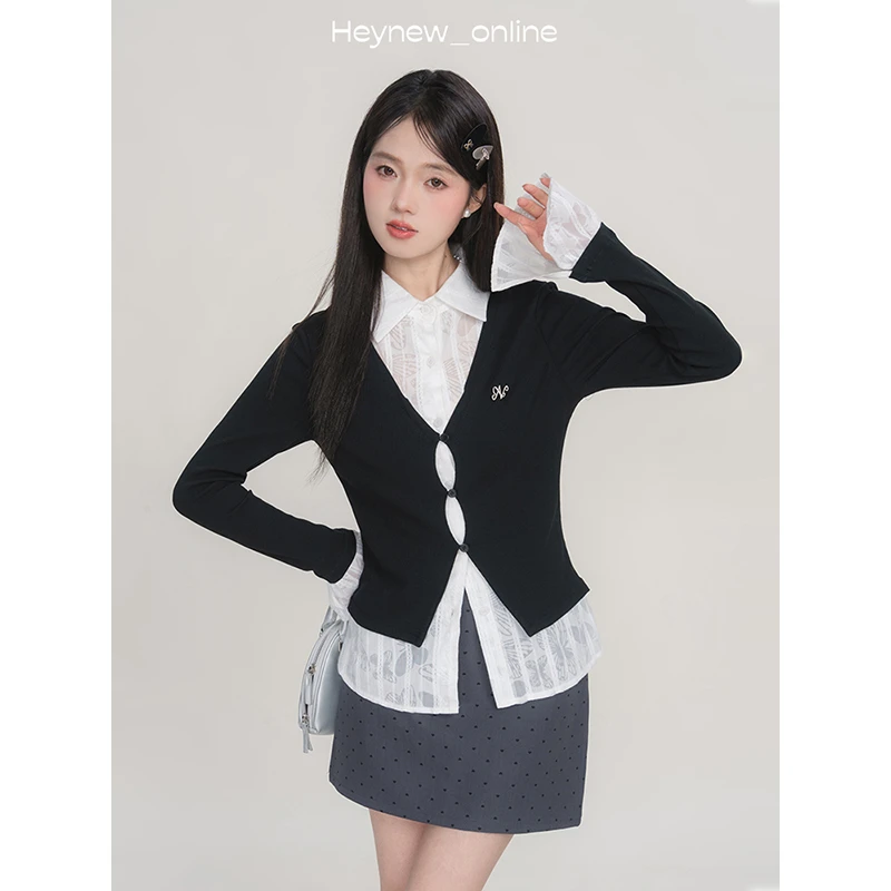 黑妞原创设计假两件撞色拼接蕾丝长袖t恤显瘦喇叭袖上衣WP115AHN