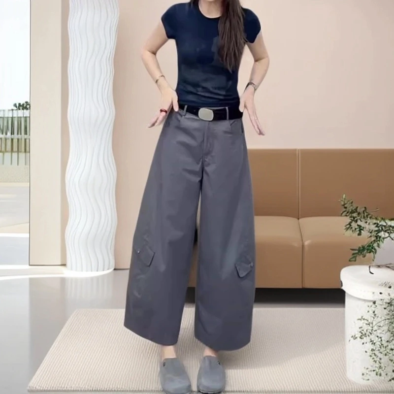 2025夏季薄款大码女装高腰阔腿工装休闲裤梨形身材显瘦宽松九分裤