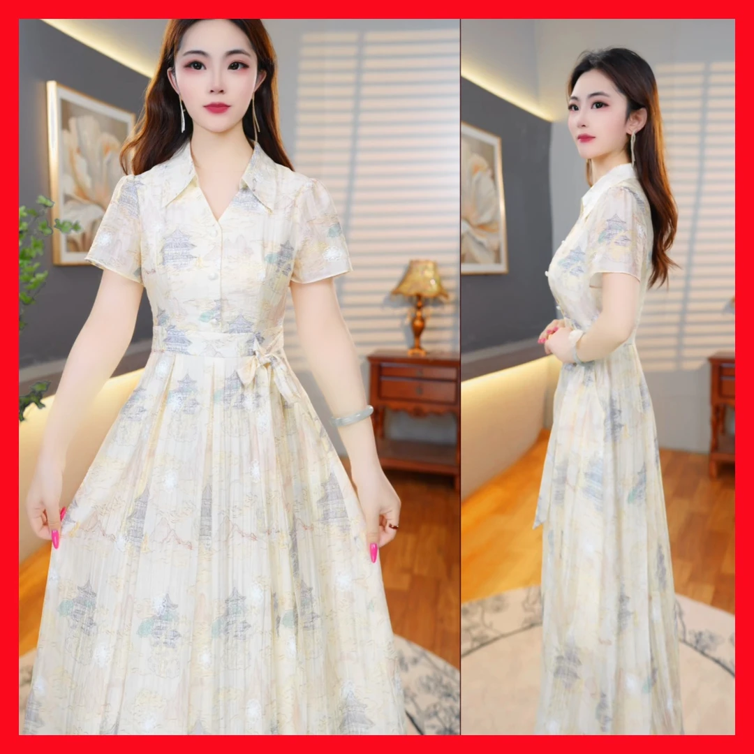 [连衣裙]A58夏季新款优雅时尚连衣裙女气质印花遮肉显瘦中长款裙