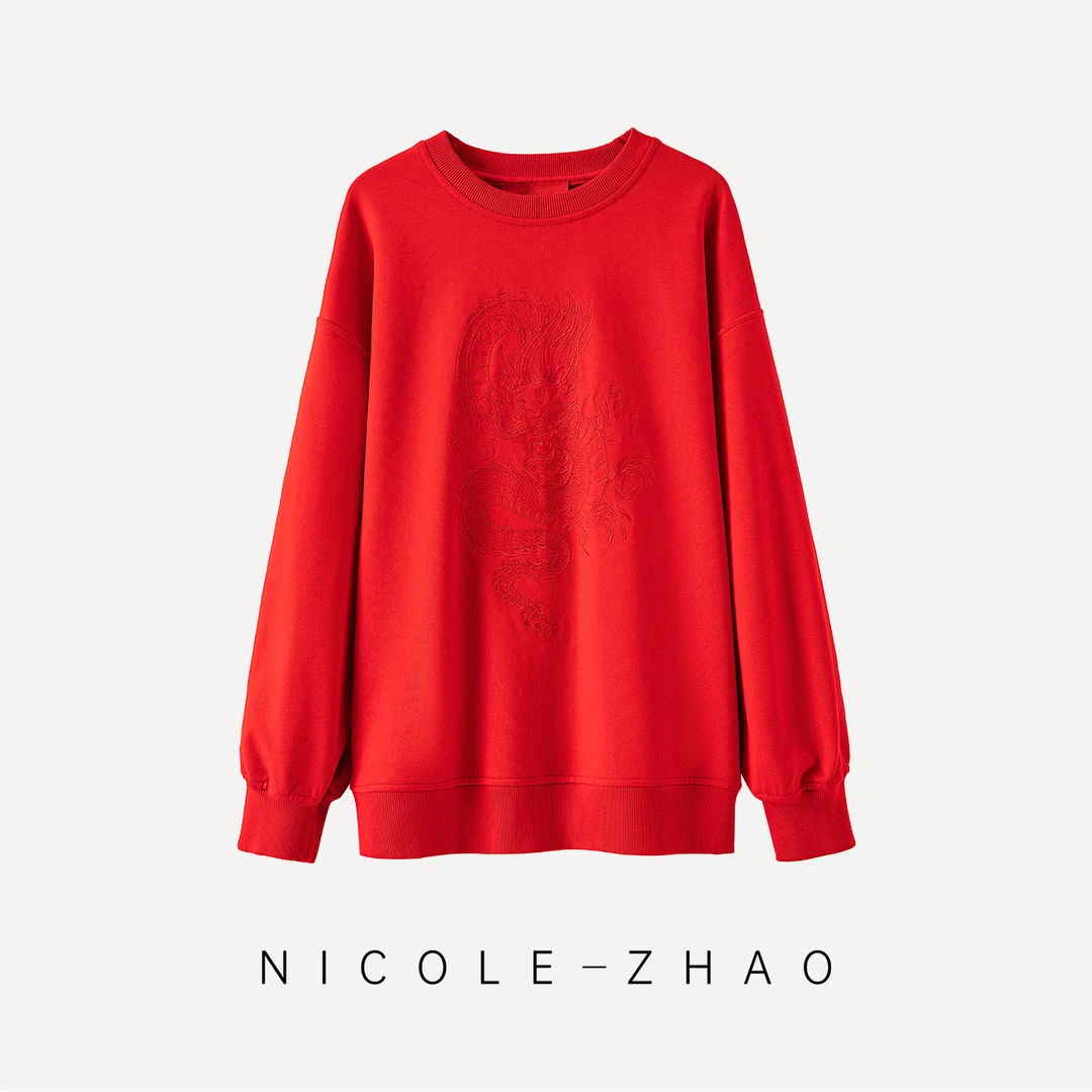 4BCT001【贵姐NICOLE】纯棉百搭男女同款宽松红色针织印花长袖卫衣