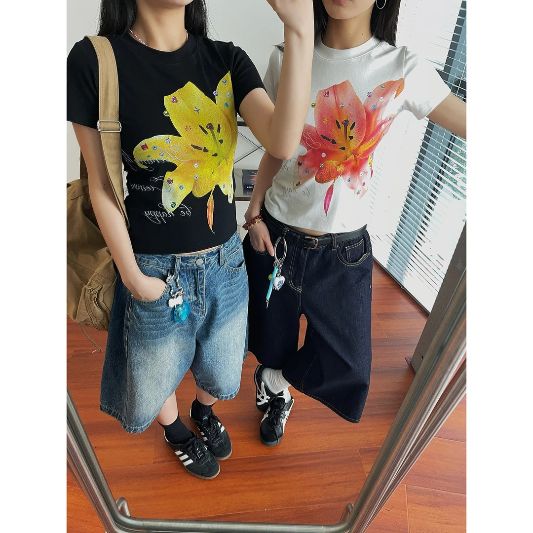 19studio WAYNEPRINCE美式复古花卉短款上衣夏季新款百搭修身短袖