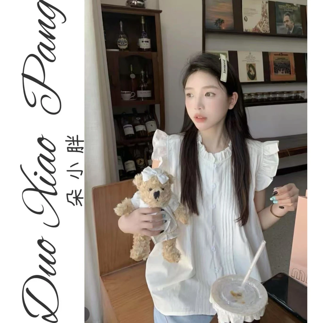 2024大码法式飞飞袖衬衫女夏薄款休闲别致复古格子上衣