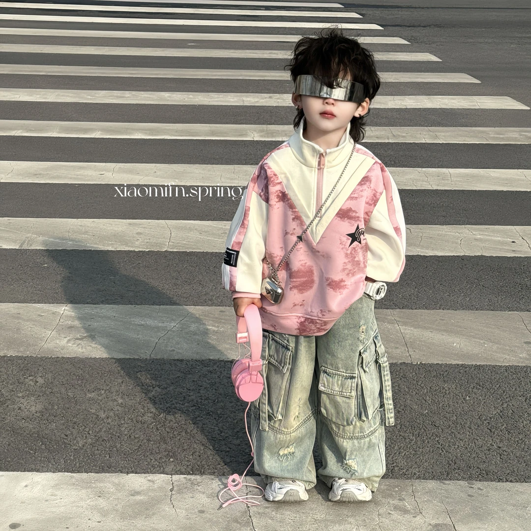 现货〃2025春季新款工艺POLO韩版男儿童洋气卫衣印花痞帅童装Q0170