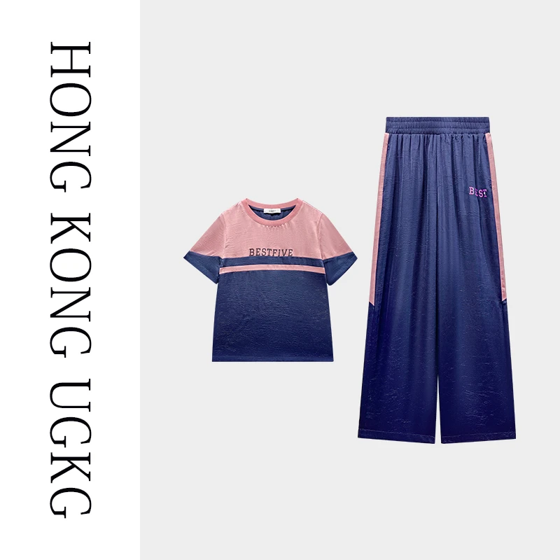 香港UGKG 休闲运动套装女2025年新款夏季薄款短袖T恤阔腿裤两件套