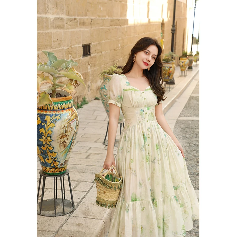 MR WATER水滴君原创《绿野花海》夏季复古印花收腰打揽连衣裙女长