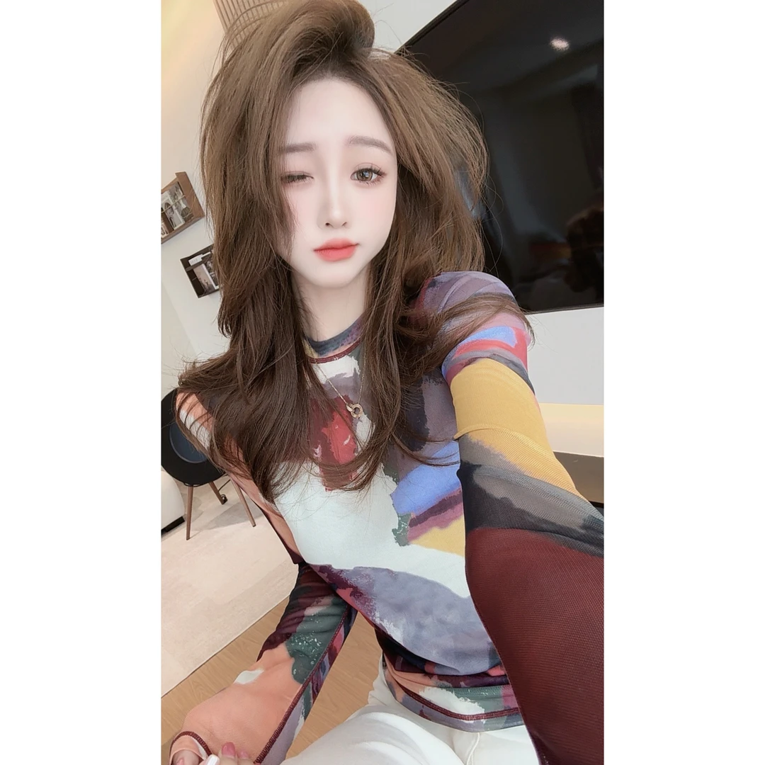 【陈陈私服】洋气小众设计感拼色上衣时尚长袖t恤女25051407