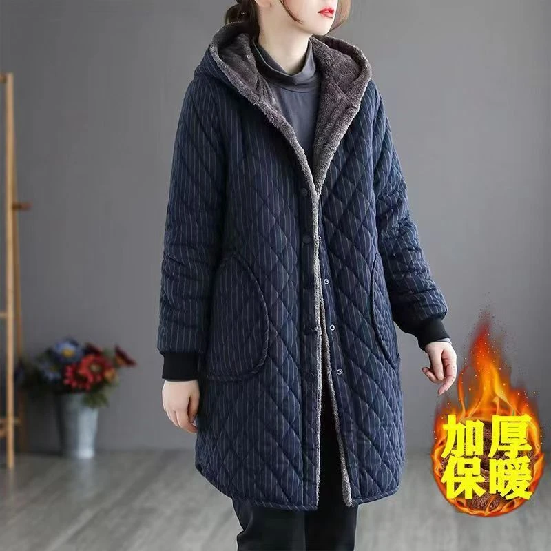 B391棉布妈妈装棉袄保暖加绒加厚格子中长棉衣中老年女国风棉服