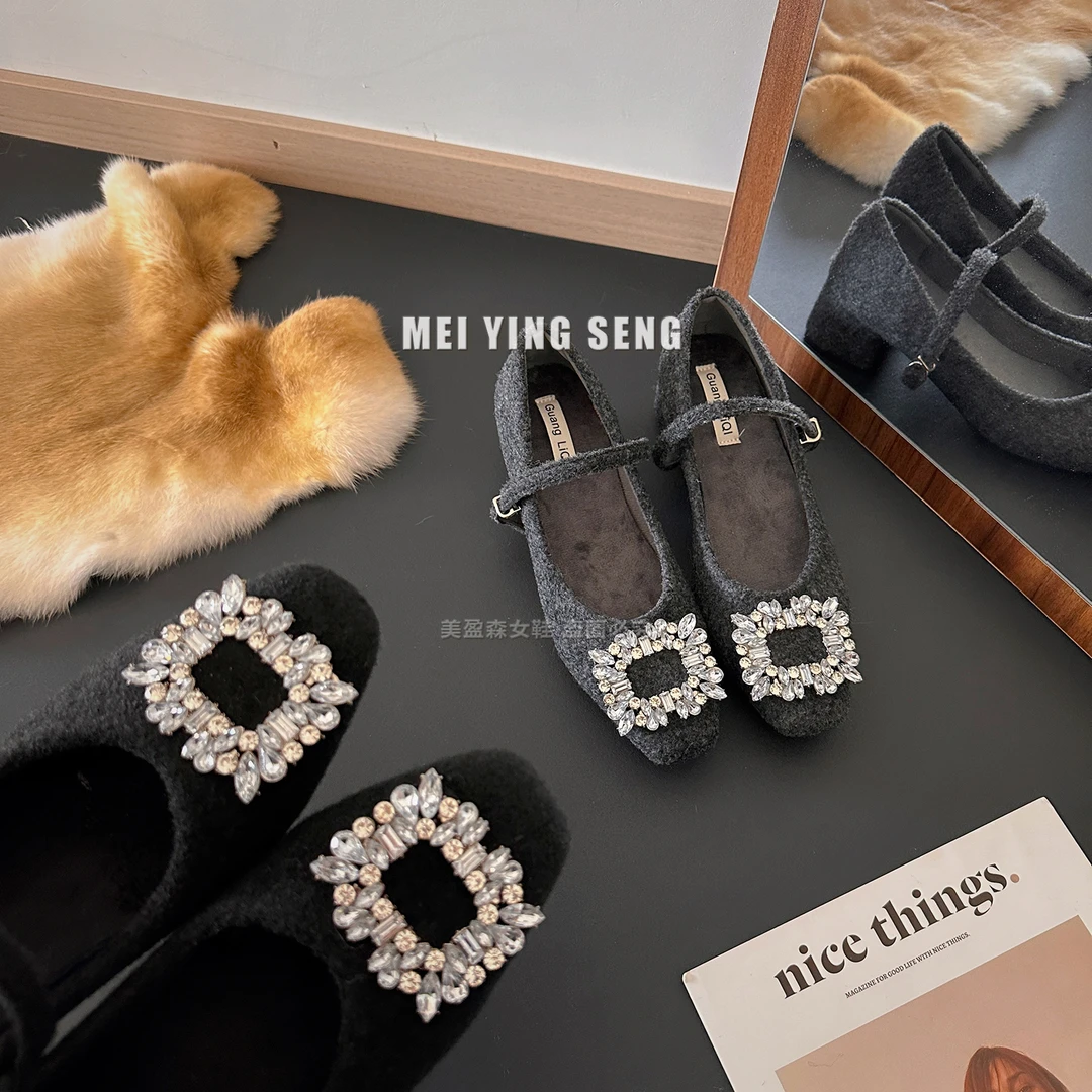 水钻方头保暖英伦风玛丽珍鞋单鞋秋季粘胶鞋通勤风