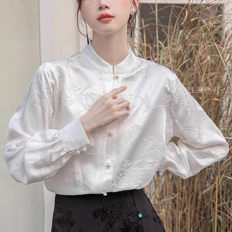 新中式醋酸衬衫女气质仿真丝长袖国风上衣立领搭配马面裙的上衣