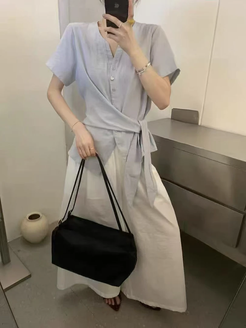 Datou 韩系气质不规则绑带收腰衬衫29110